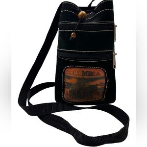 Colombia Black Suede Like Crossbody Bag Purse Two Zippered Pockets in Front